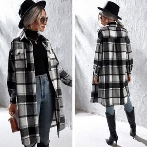 EUC SHEIN Black and White Plaid Trench Coat Size 2XL